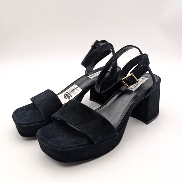 Steve Madden Mercerr Block Heel Platform Sandal Black Suede Size US9 EU40 - Picture 1 of 9